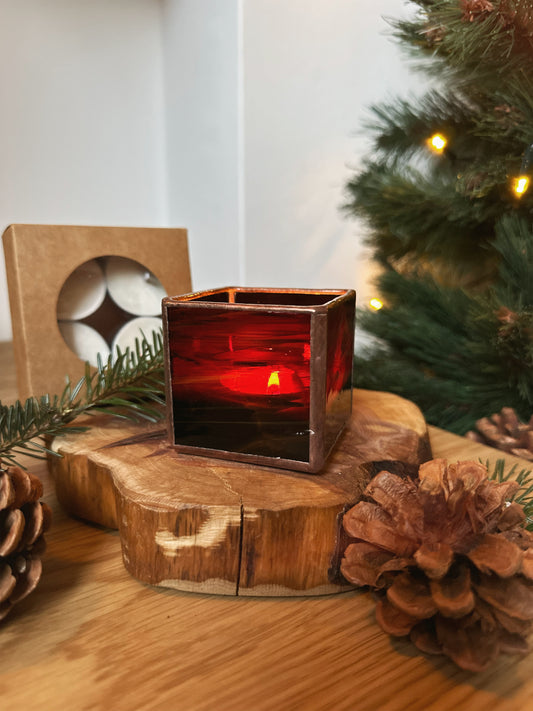 CANDELABRO VIDRIO EMPLOMADO | ROJO ACEBO