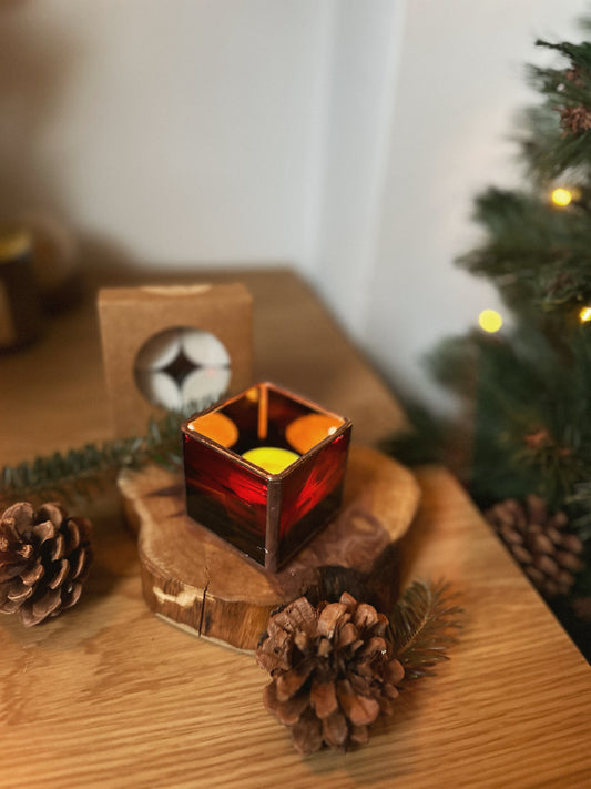 CANDELABRO VIDRIO EMPLOMADO | ROJO ACEBO